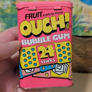 Vintage 1990s Fruit Art Neon Pink OUCH! Bubble Gum Collectible Metal Tin EMPTY